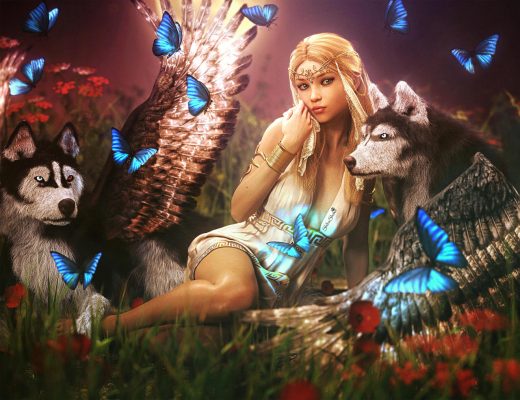 Guardian angel Husky dogs Shania and Lara lying next to a blonde fantasy girl 3d-art. Daz Studio Iray image.