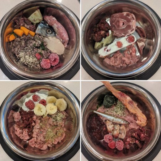 Four different images of example raw dog diets (BARF).
