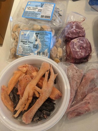 Raw Dog Diet – Sourcing. Examples of different meats and proteins from raw pet food stores and other sources.