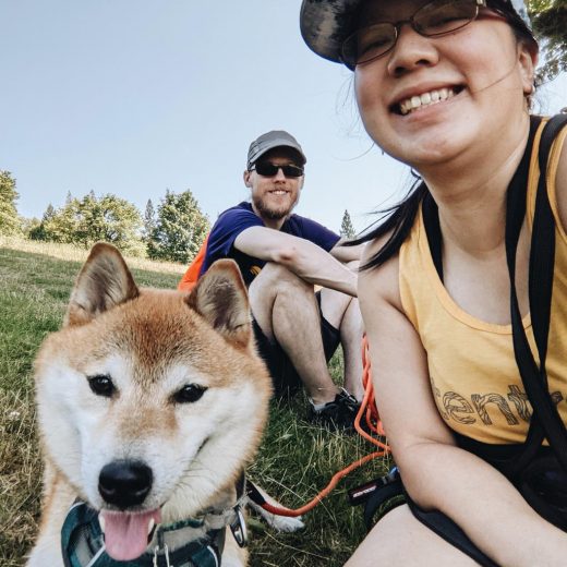 Smiling Shiba dog Kuma with his wonderful smiling family.